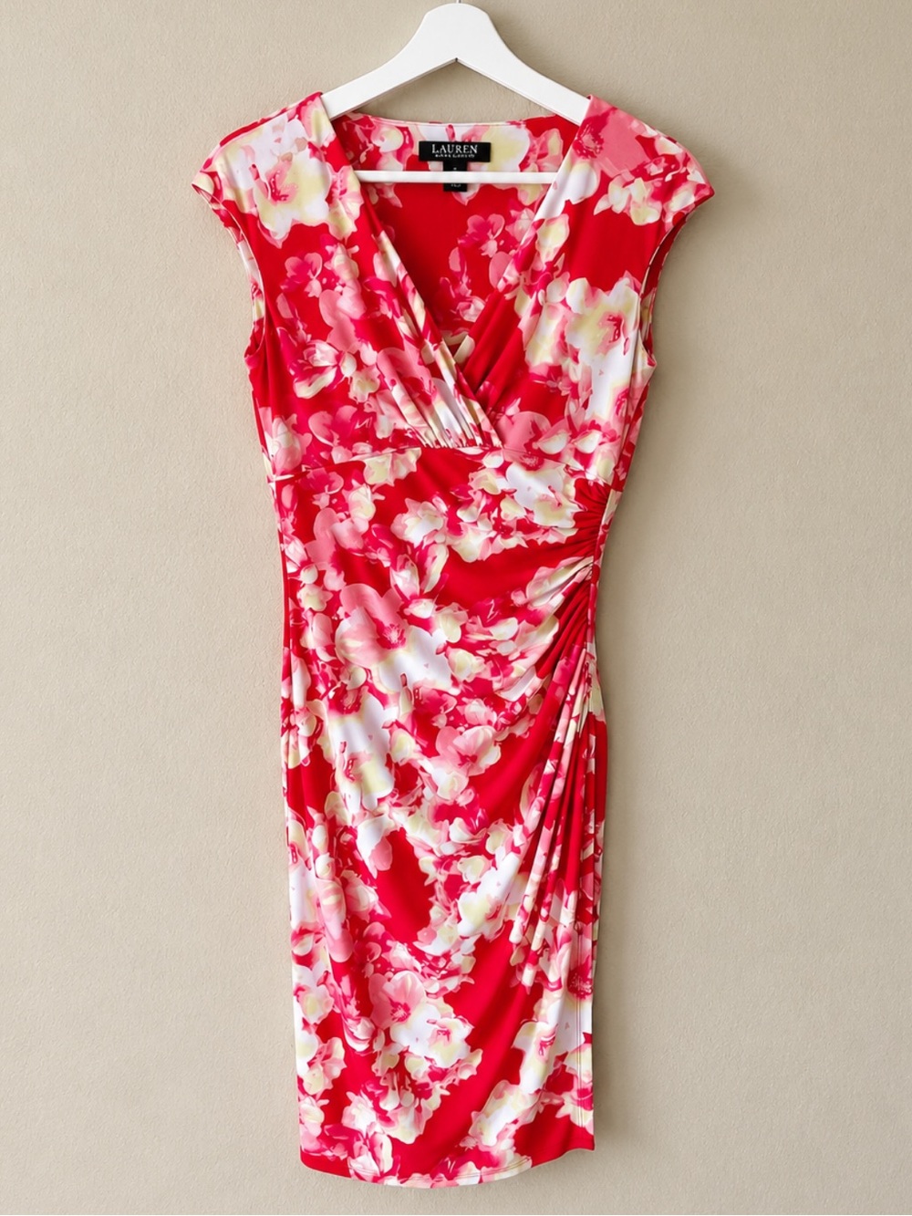 Lauren Ralph Lauren Red Floral Faux-Wrap Midi Sheath Dress Size 2 Wedding Guest